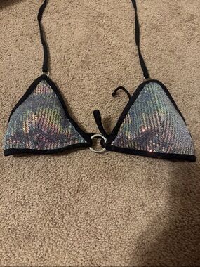Sequin halter bikini top black w silver and ring detail for stronger support N